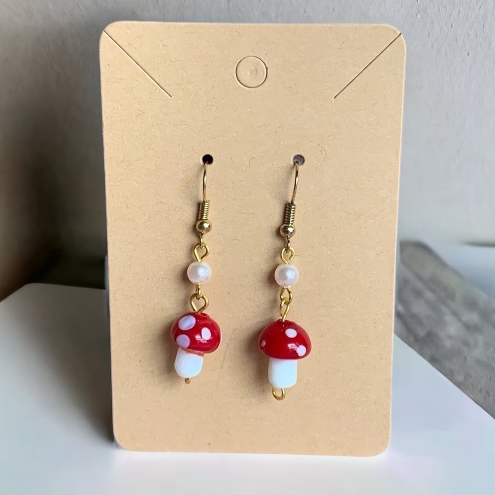 Handmade Mushroom and Pearl Dangle Earrings